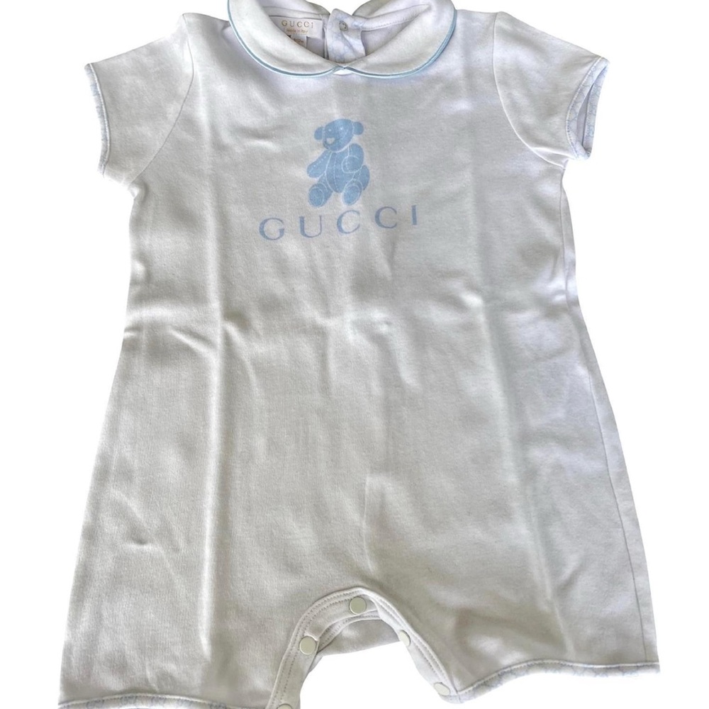 Gucci Authentic Infant White and Powder Blue Romper